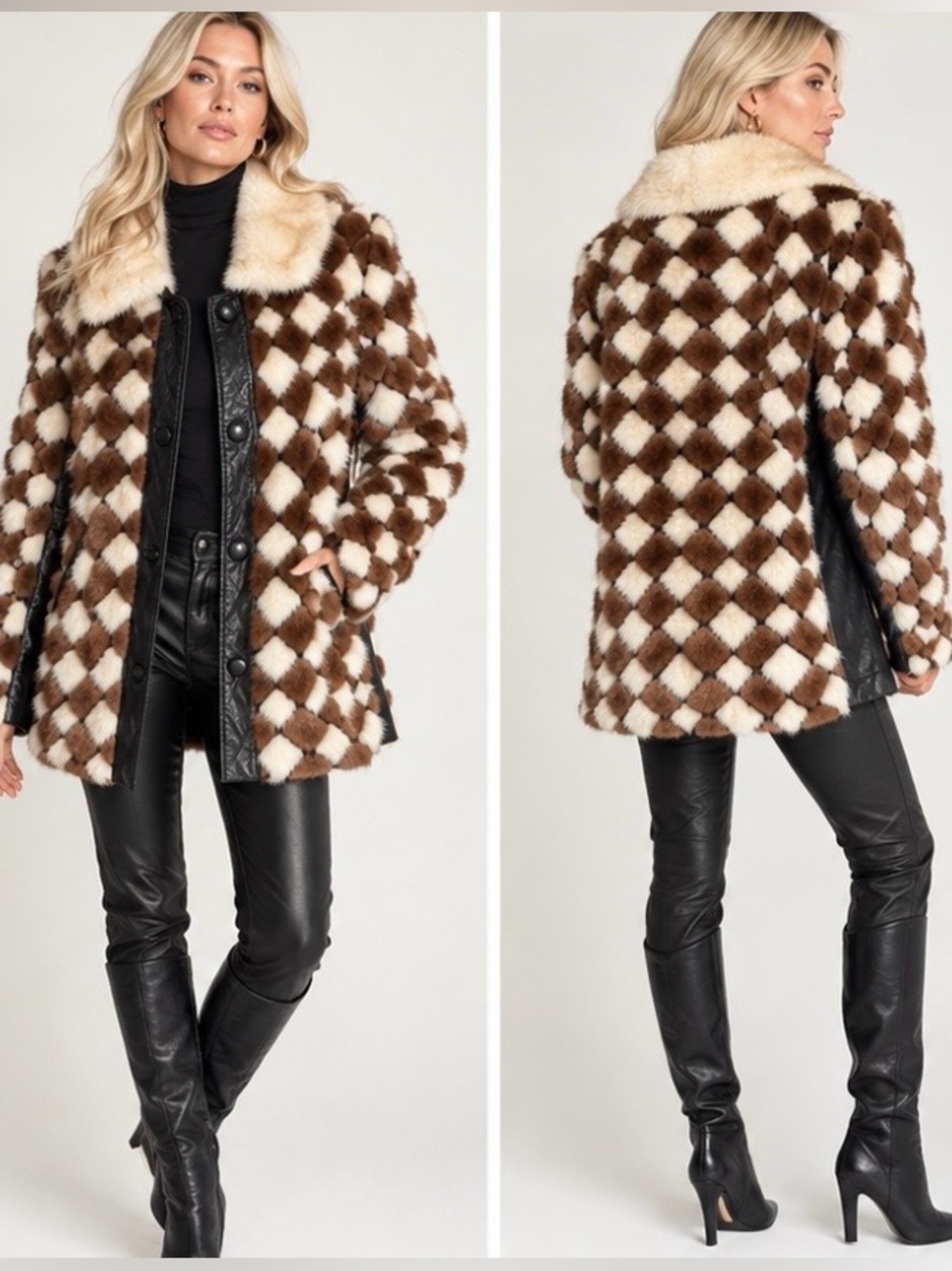 Vintage Pollack Mink Fur Checkerboard Patchwork Brown Cream Leather Trim Coat